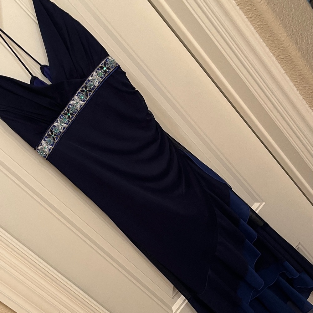 Rampage Asymmetrical Navy Dress with Embellished Waist